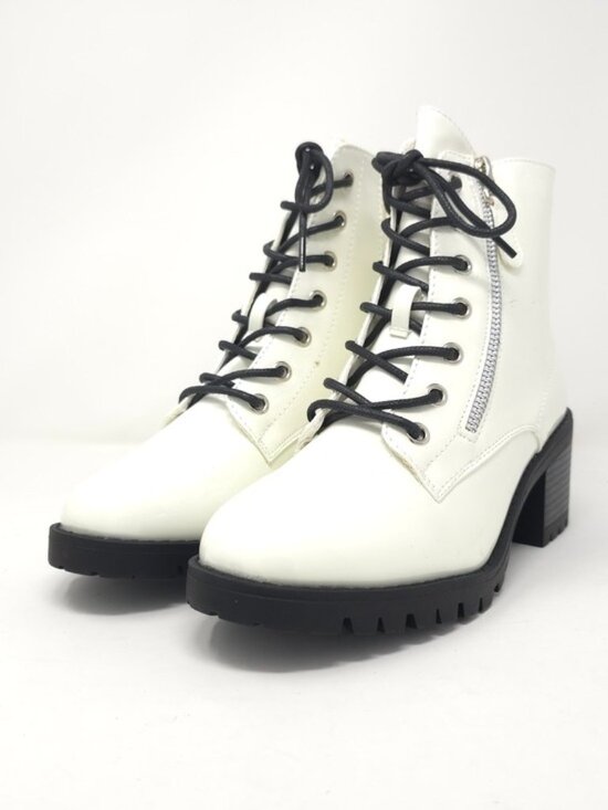 Forever Link Shoes - Combat Boots Chunky Heel Lace Up Side Zipper Faux Leather White Pat Ankle Boot